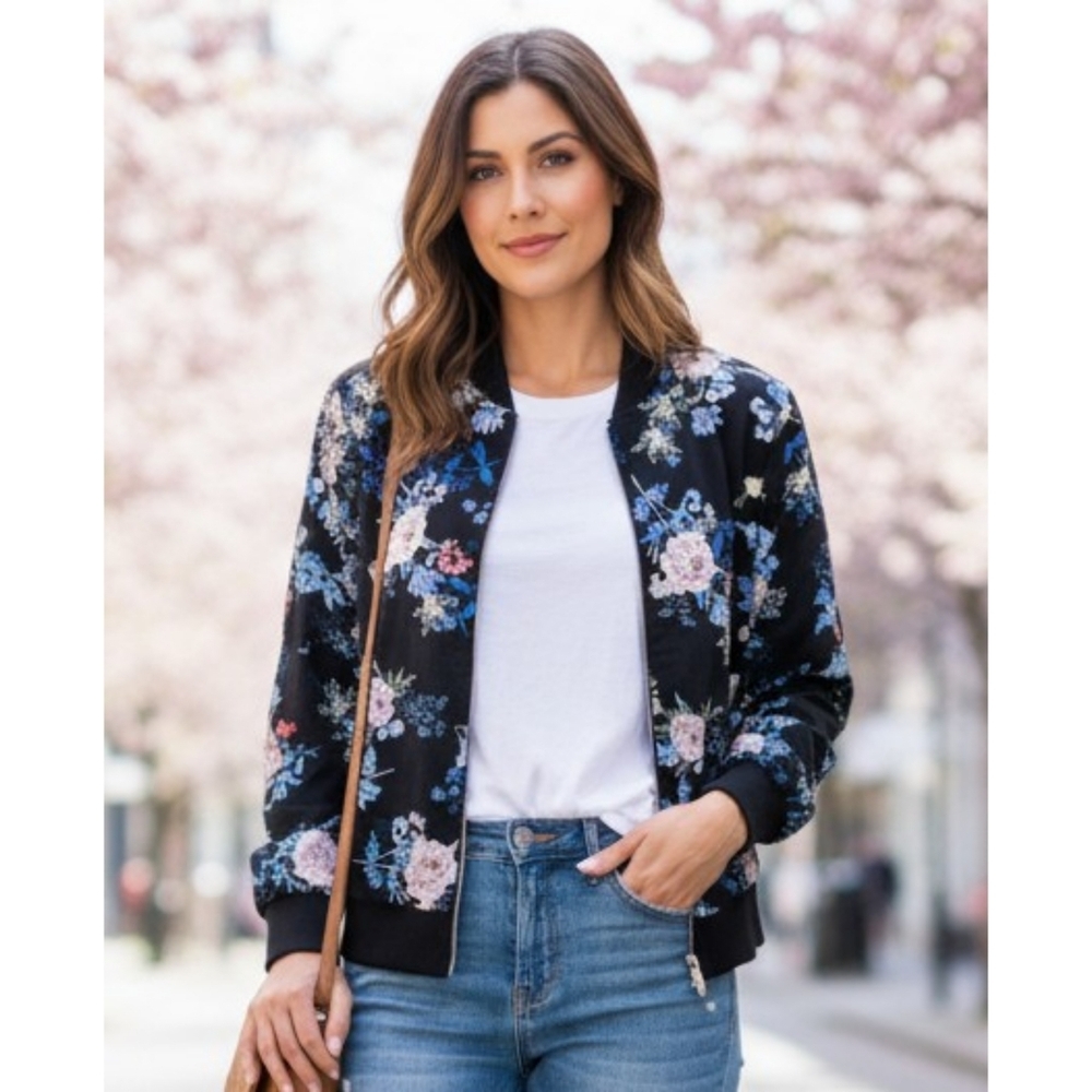 Charming Charlie Zip Front Floral Jacket Black Size S
